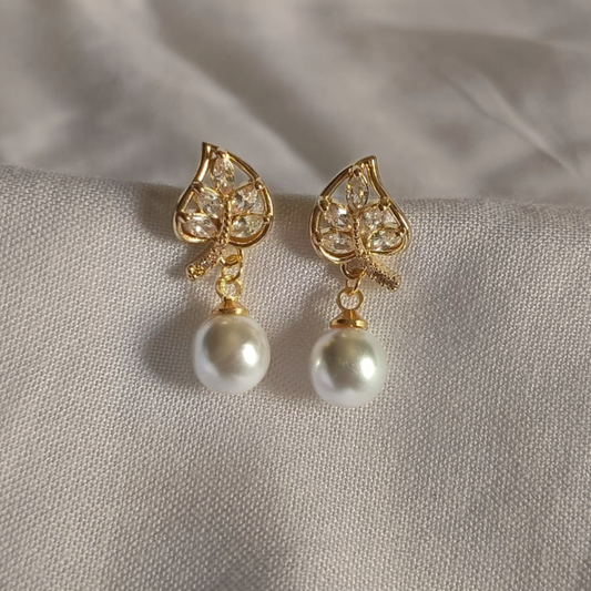 Pearl & Crystal Leaf Drop Earrings